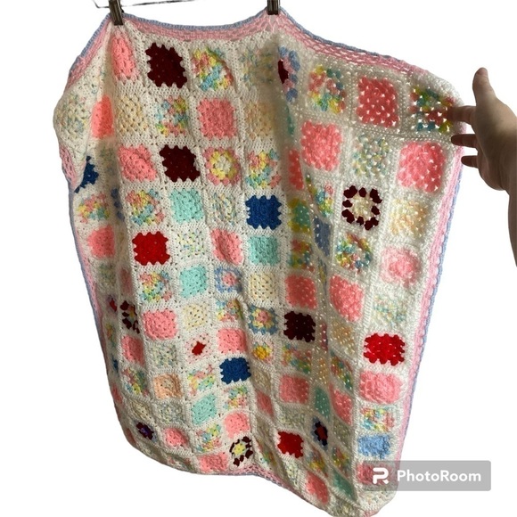 Vintage Hand Crochet Granny Square Blanket Pink Blue Yellow - Picture 1 of 8